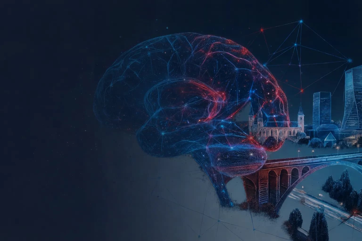 AI brain and network above Luxembourg landmarks and the Adolphe Bridge